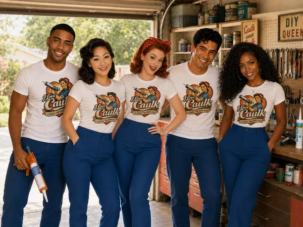 The five members of the I Love Caulk crew standing together in a garage in matching I Love Caulk t-shirts