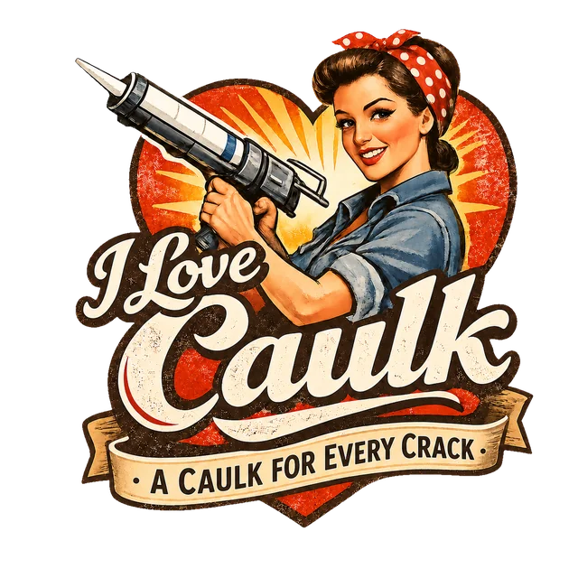 The I Love Caulk logo: Rosie holding a caulk gun in front of a red heart, above a banner reading A Caulk For Every Crack